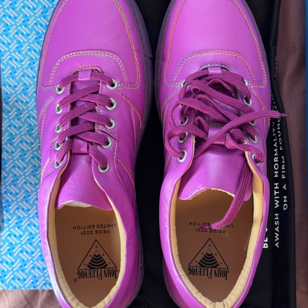 NEW John Fluevog Pride 2021 LoPro 2: Leeside in Purple with rainbow stitch